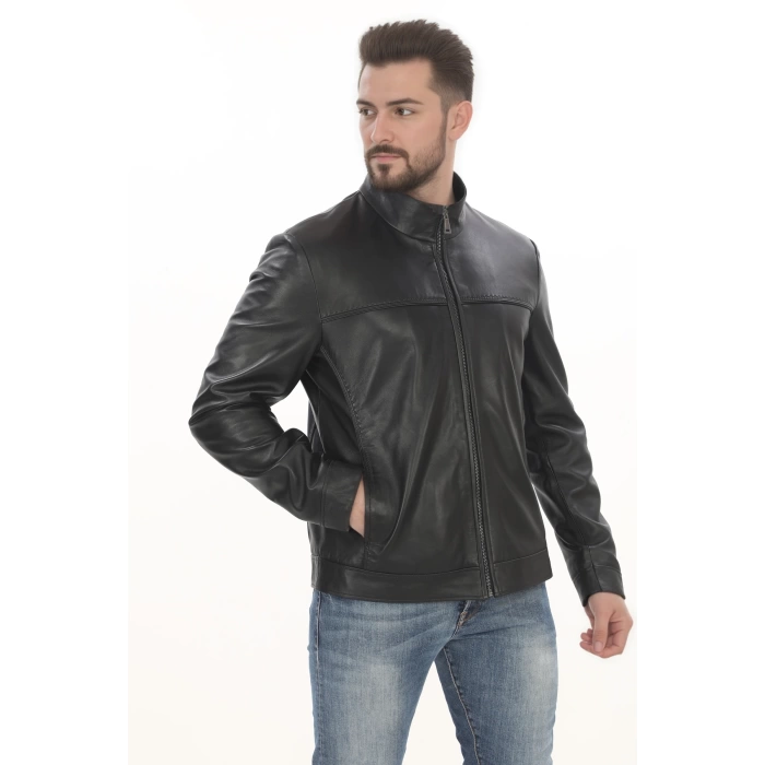Erkek Şehir Stiline Uygun Derimont Model Hakiki Kuzu Derisi Ceket Fermuarlı Dik Yaka