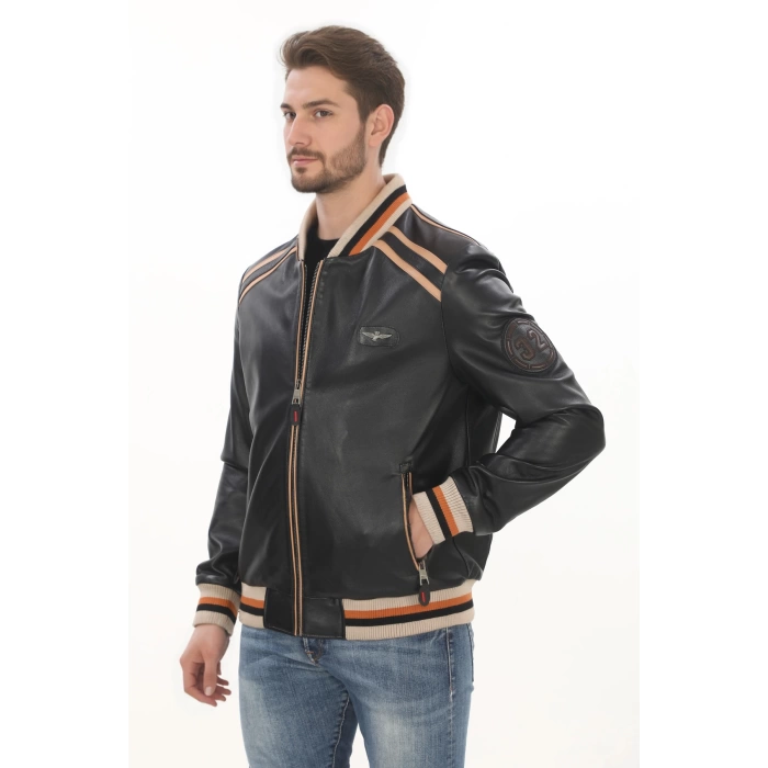 Erkek Spor ve Şıklık Bir Arada Derimont Varsity Hakiki Kuzu Derisi Bomber Ceket Erkek Mont