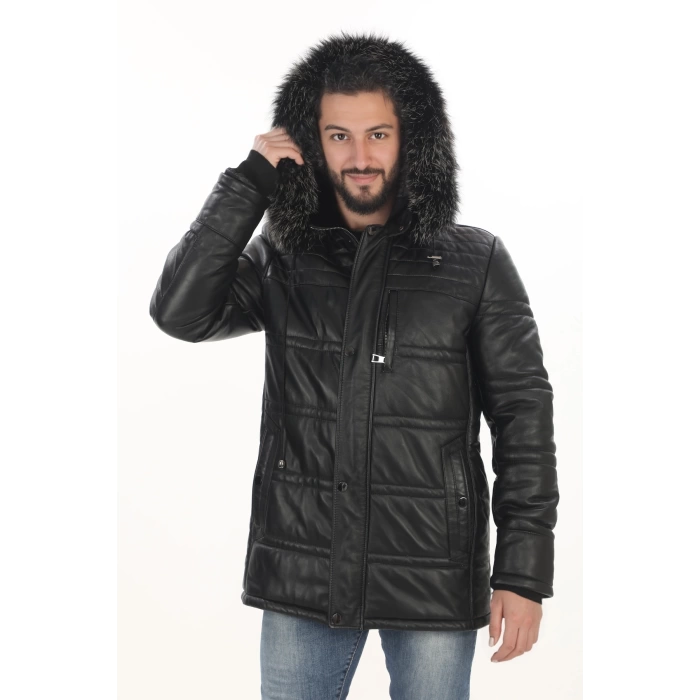 Erkek Günlük Şıklık İçin Derimont Parka Erkek Hakiki Kuzu Derisi Mont Kapüşonlu Kürklü Kaban