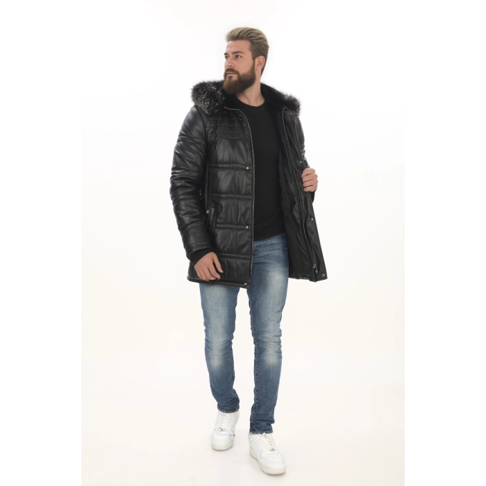 Erkek Günlük Şıklık İçin Derimont Parka Erkek Hakiki Kuzu Derisi Mont Kapüşonlu Kürklü Kaban