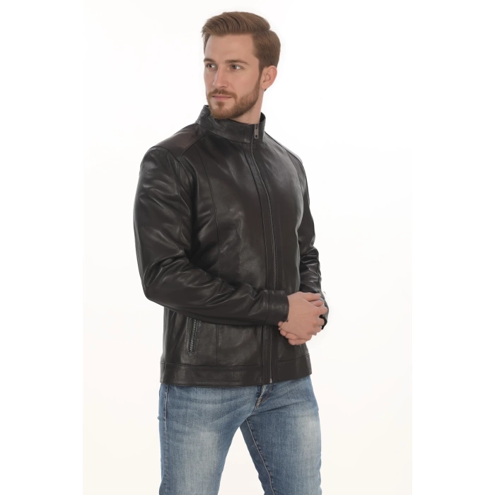 Erkek Biker Ruhuna Uygun Slim Fit Derimont Erkek Hakiki Kuzu Derisi Mont Siyah Fermuarlı Ceket