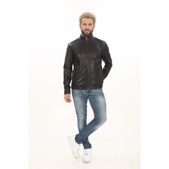Erkek Biker Ruhuna Uygun Slim Fit Derimont Erkek Hakiki Kuzu Derisi Mont Siyah Fermuarlı Ceket