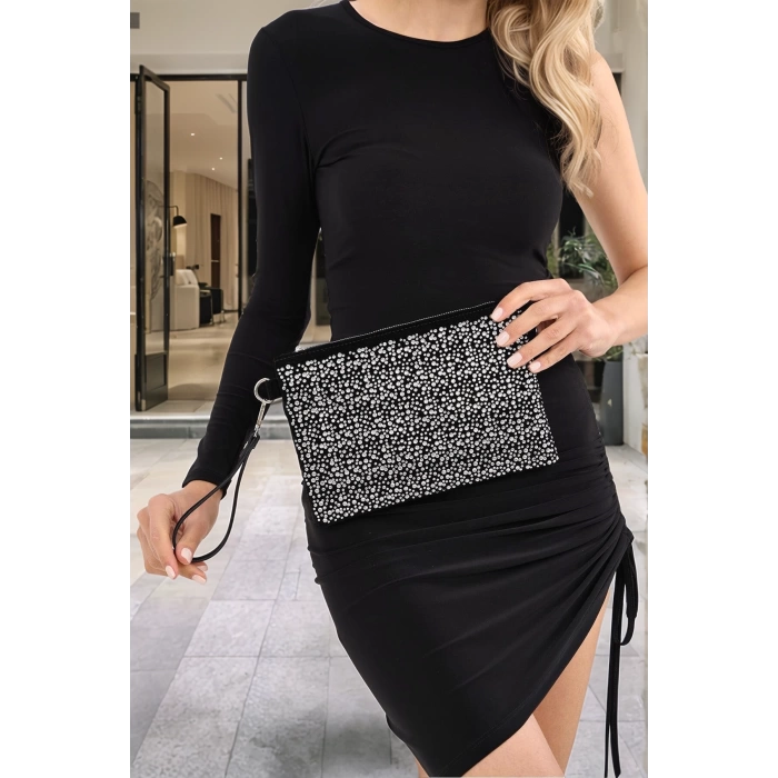 Gece Davetleri İçin Damla Taş Detaylı Zincir Askılı Şık Clutch El ve Omuz Çantası