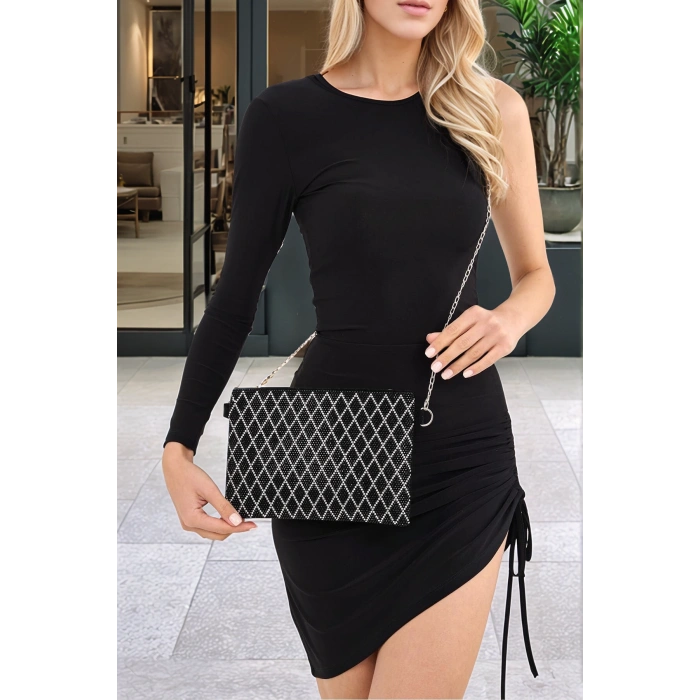 Gece Davetleri İçin Damla Taş Detaylı Zincir Askılı Şık Clutch El ve Omuz Çantası