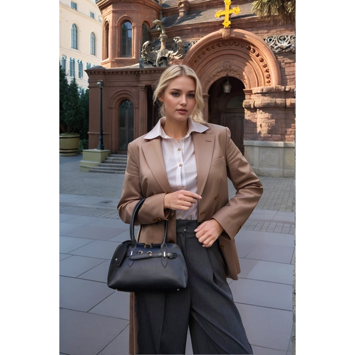 Kadın Gold Aksesuarlı Retro Dik Formlu El ve Omuz Çantası Günlük ve Klasik Kullanıma Uygun