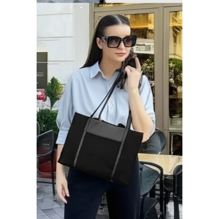 Deri Garnili Kanvas Tote El ve Omuz Çantası Geniş İç Hacimli Günlük Kullanım Modeli