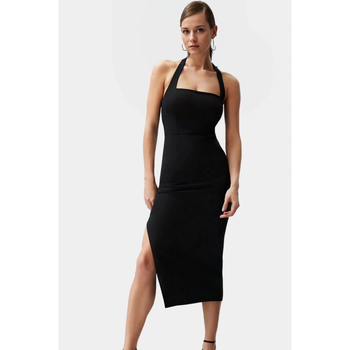 Kadın Bodycon Midi Elbise Kare Yaka Finike Dokuma Yazlık Şık Elbise Trend Tasarım Yüksek Kalite