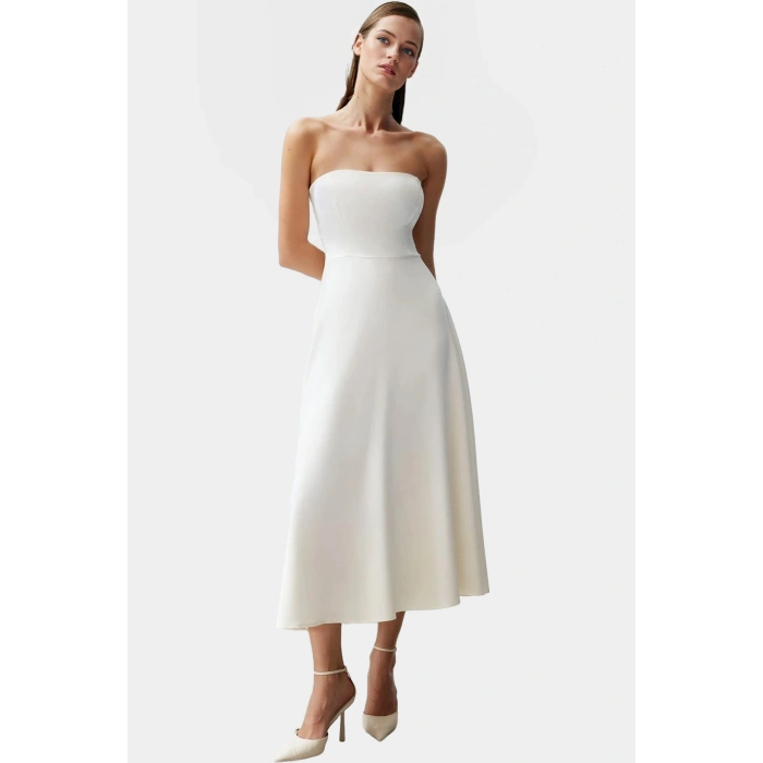 Şık A Kesim Straplez Midi Elbise Finike Dokuma Polyester Elastan Konforlu Kesim Rahat Ve Şık