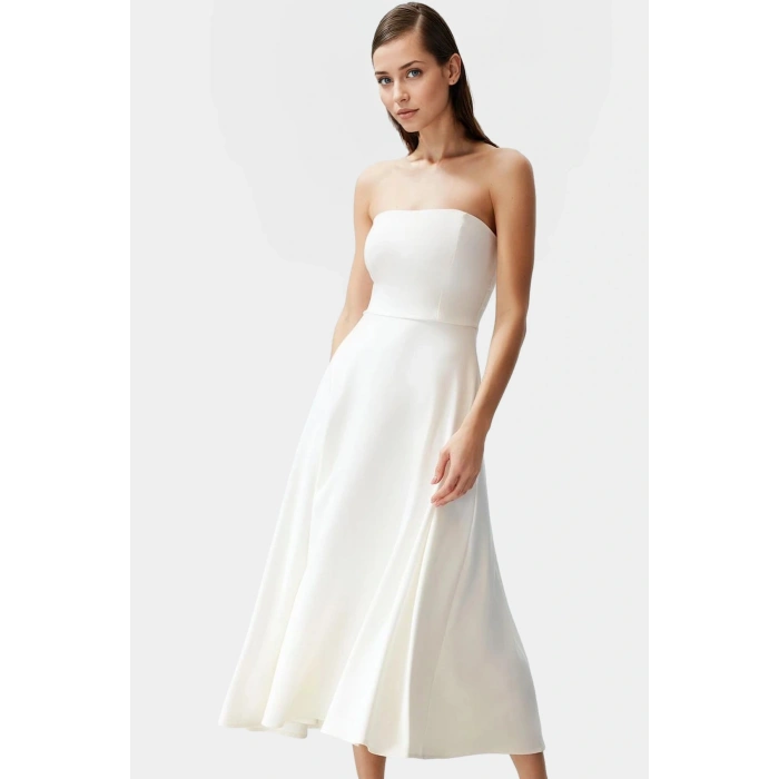 Şık A Kesim Straplez Midi Elbise Finike Dokuma Polyester Elastan Konforlu Kesim Rahat Ve Şık