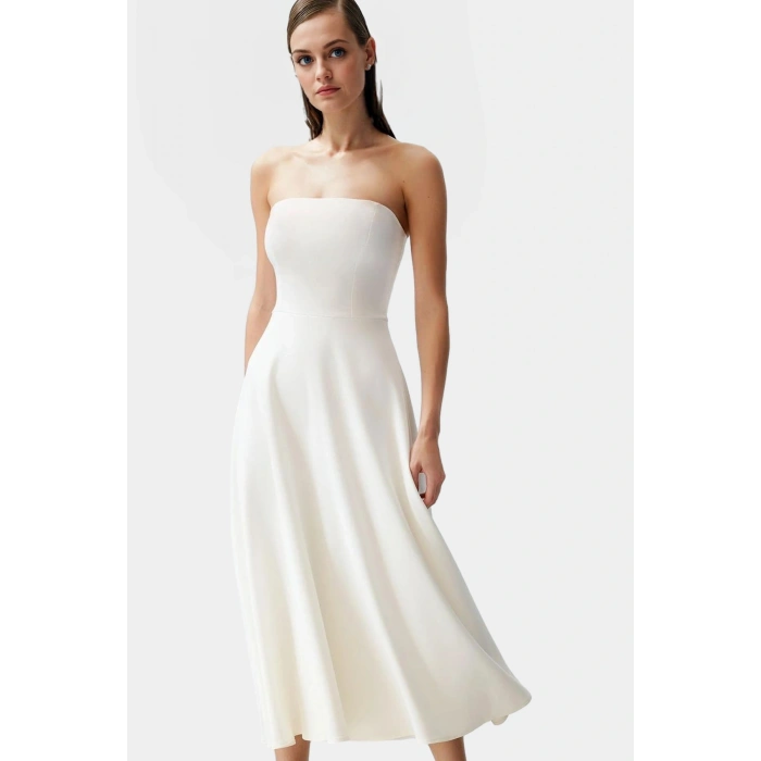 Şık A Kesim Straplez Midi Elbise Finike Dokuma Polyester Elastan Konforlu Kesim Rahat Ve Şık