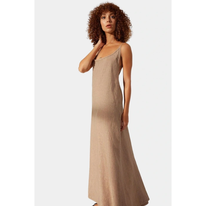 Kadın %100 Keten Maxi Elbise V Yaka Sırt Detaylı Yazlık Şık Görünüm Uzun Ömürlü Şık Görünüm