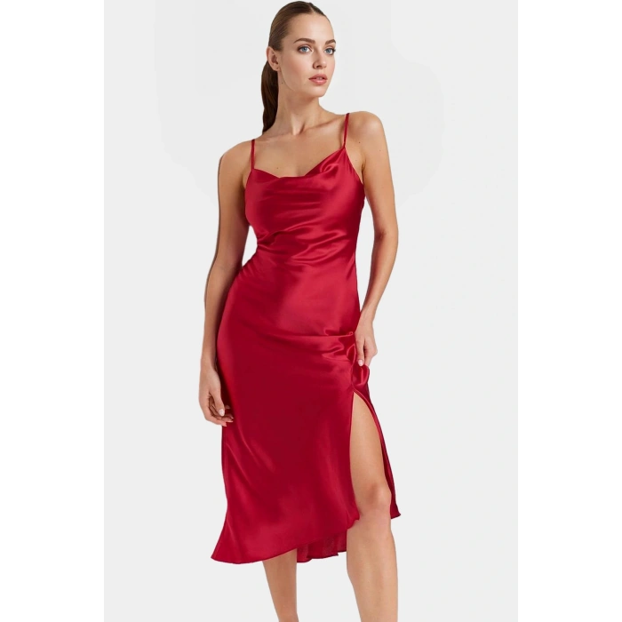 Şık Saten Midi Abiye Elbise Polyester Kumaştan Özel Tasarım Uzun Ömürlü Profesyonel Görünüm