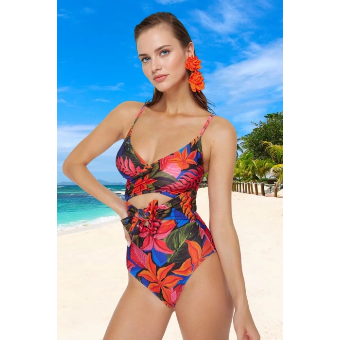 Desenli Bağlamalı Mayo Su Sporları İçin Ergonomik Kesim Plaj Mayosu Swimsuit Sporu Kıyafeti