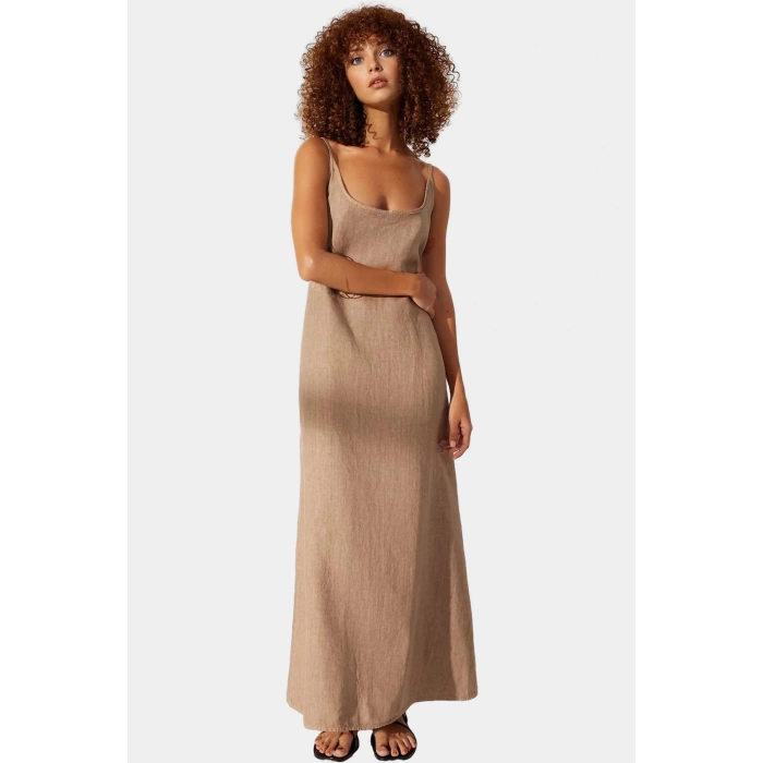 Kadın Maxi Keten Elbise Shift Kalıp V Yaka Günlük Stil Trend Tasarım Modern Stil Yüksek Kalite