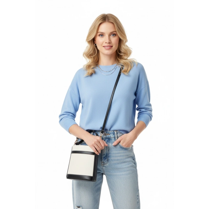 Kadın Kontrast Dikişli Kova Formlu El ve Omuz Kullanımlı Büzgülü Modern Çanta