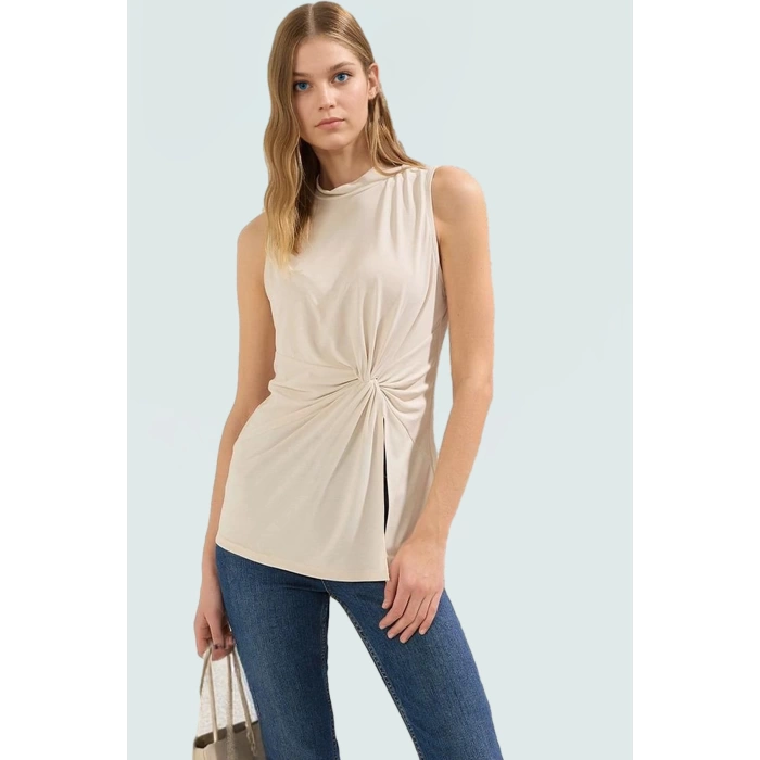 71% Modal 29% Polyester Bluz Dik Yaka Asimetrik Kolsuz Tasarım Kaliteli İşçilik Uzun Ömürlü