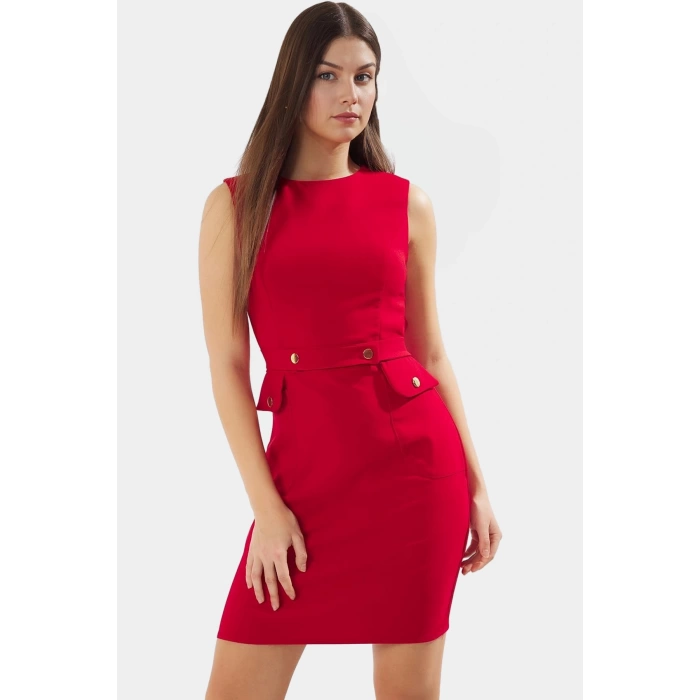 88 Polyester 12 Elastan Mini Elbise Şık Bodycon Kesim Bisiklet Yaka Cepsiz Tasarım