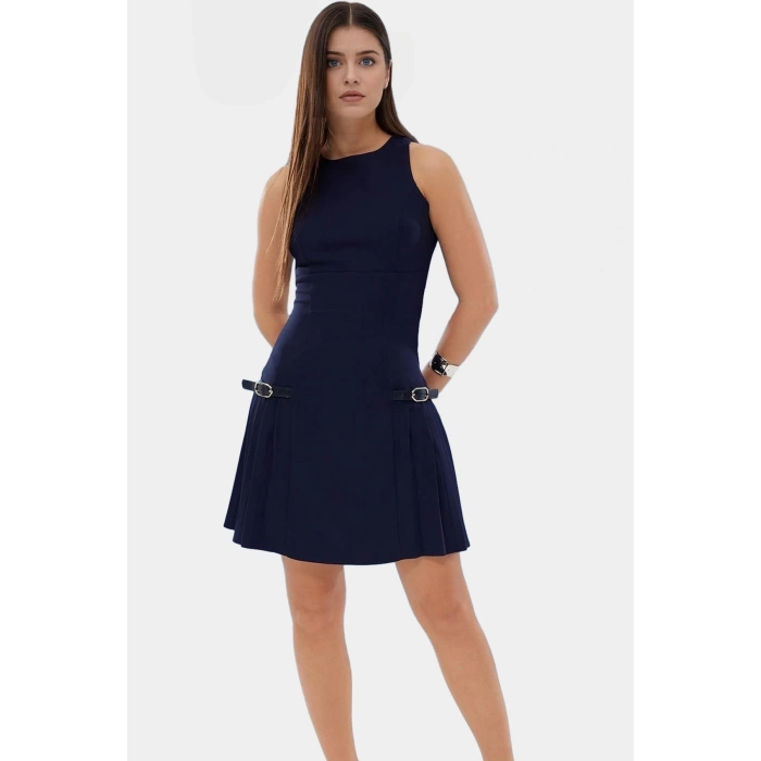88% Polyester Mini Elbise Finike Dokuma A Kesim Kemer Detayli Kolsuz Yüksek Kalite