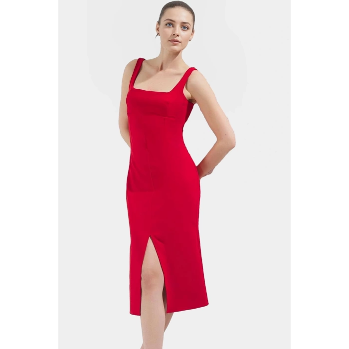 88% Polyester Yazlık Midi Elbise Kolsuz Vücudu Saran Dokuma Kumaş Smart Stil Profesyonel Görünüm