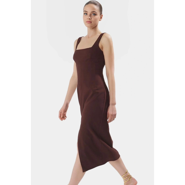 88% Polyester Yazlık Midi Elbise Kolsuz Vücudu Saran Dokuma Kumaş Smart Stil Profesyonel Görünüm