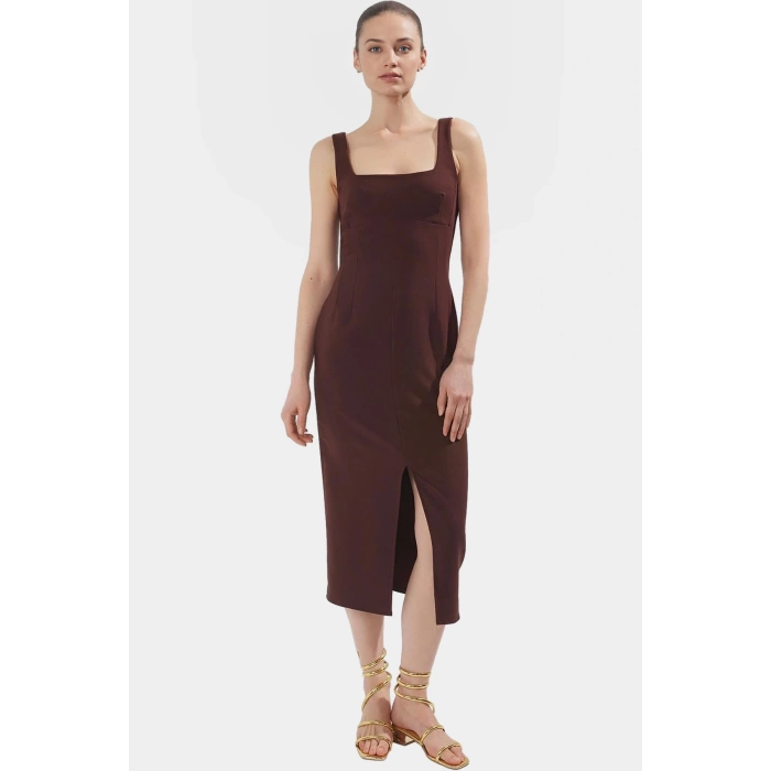 88% Polyester Yazlık Midi Elbise Kolsuz Vücudu Saran Dokuma Kumaş Smart Stil Profesyonel Görünüm