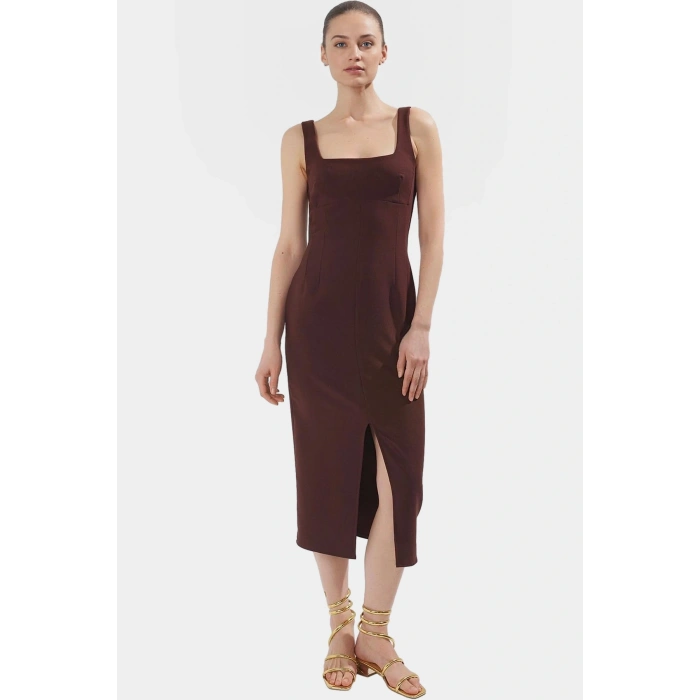 88% Polyester Yazlık Midi Elbise Kolsuz Vücudu Saran Dokuma Kumaş Smart Stil Profesyonel Görünüm