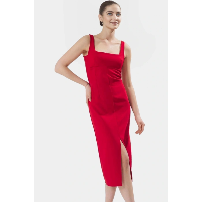 88% Polyester Yazlık Midi Elbise Kolsuz Vücudu Saran Dokuma Kumaş Smart Stil Profesyonel Görünüm
