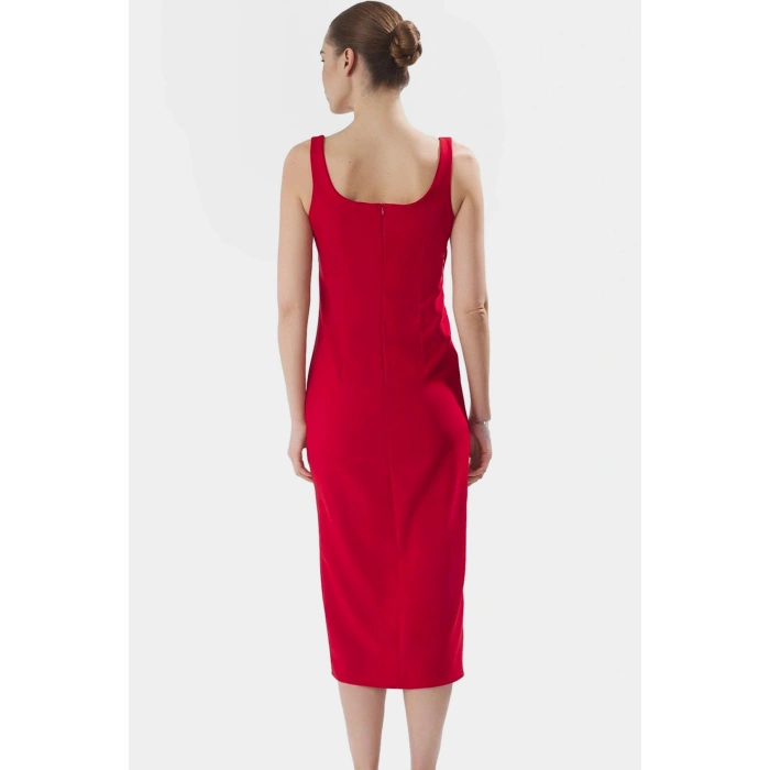 88% Polyester Yazlık Midi Elbise Kolsuz Vücudu Saran Dokuma Kumaş Smart Stil Profesyonel Görünüm