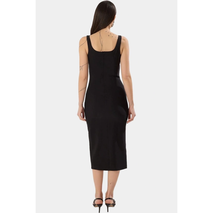 88% Polyester Yazlık Midi Elbise Kolsuz Vücudu Saran Dokuma Kumaş Smart Stil Profesyonel Görünüm