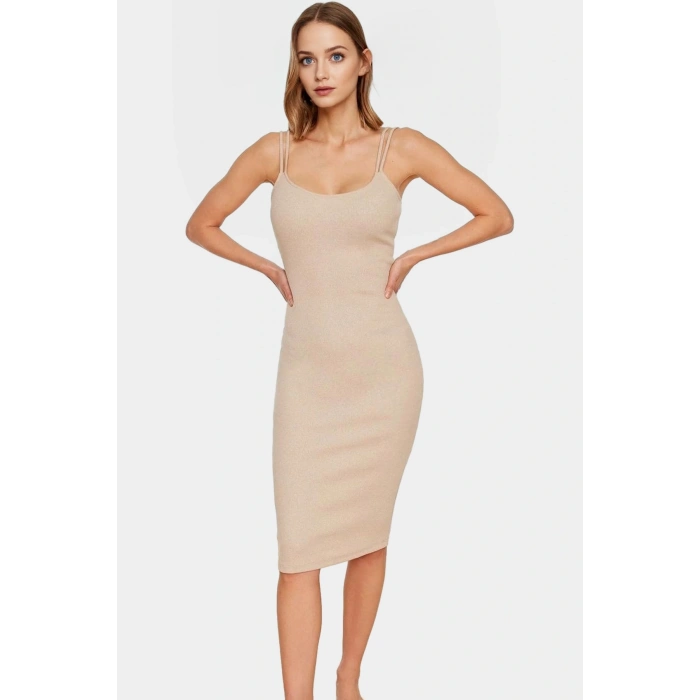 97 Pamuk 3 Elastan İnce Askılı Bodycon Midi Elbise Rahat Günlük Stil Premium Kalite