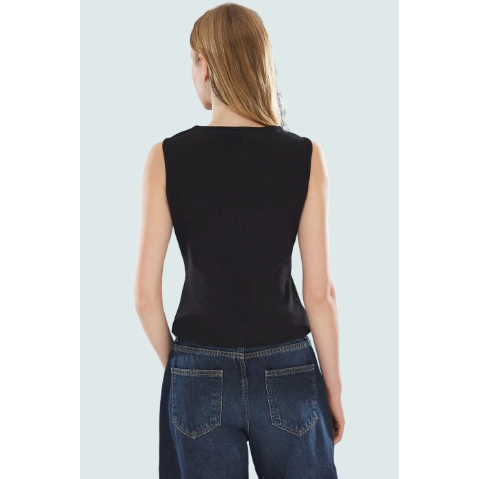 97 Pamuk 3 Elastan Kaşkorse Bluz Fitted Crop Bisiklet Yaka Günlük Özenle Seçilmiş