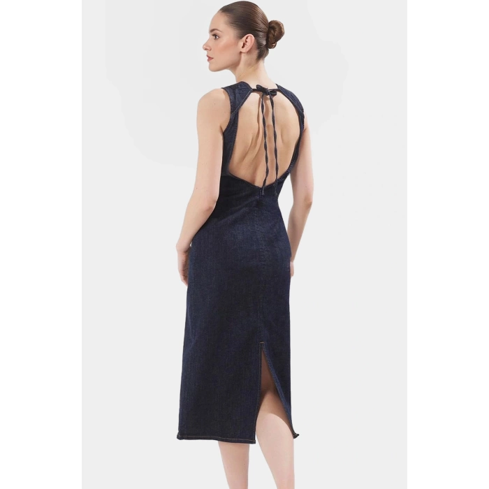 98 Pamuk Denim Midi Elbise Sırt Dekolteli Rahat Kalıp Günlük Kullanım