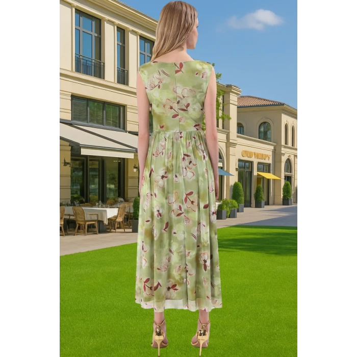 A Kesim Çiçek Desenli Tül Abiye Elbise Belden Açılan Etek Detaylı Şık Görünüm Modern Stil