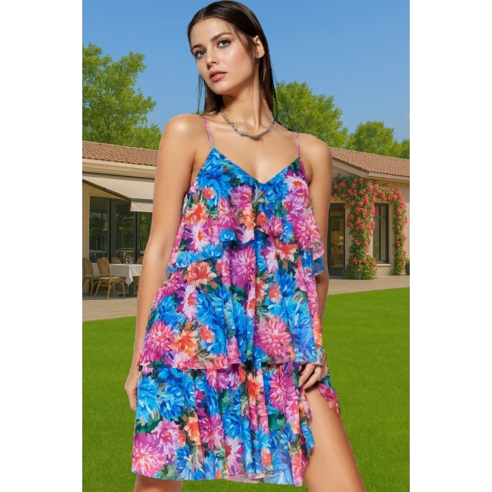 A Kesim Çiçek Desenli Tül Mini Abiye Elbise Yazlık Polyester Premium Kalite Konforlu Kesim