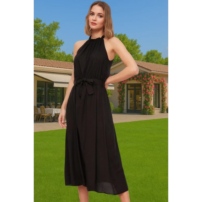 A Kesim Halter Yaka Midi Viskoz Elbise Kuşaklı Günlük Yaz Günlük Kullanım İçin Trend Tasarım