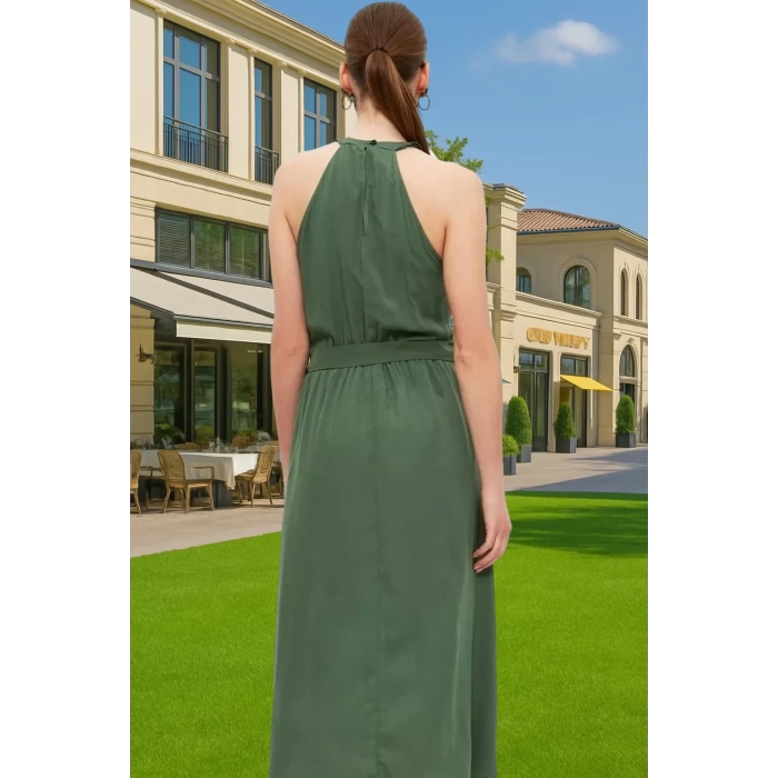 A Kesim Halter Yaka Midi Viskoz Elbise Kuşaklı Günlük Yaz Günlük Kullanım İçin Trend Tasarım