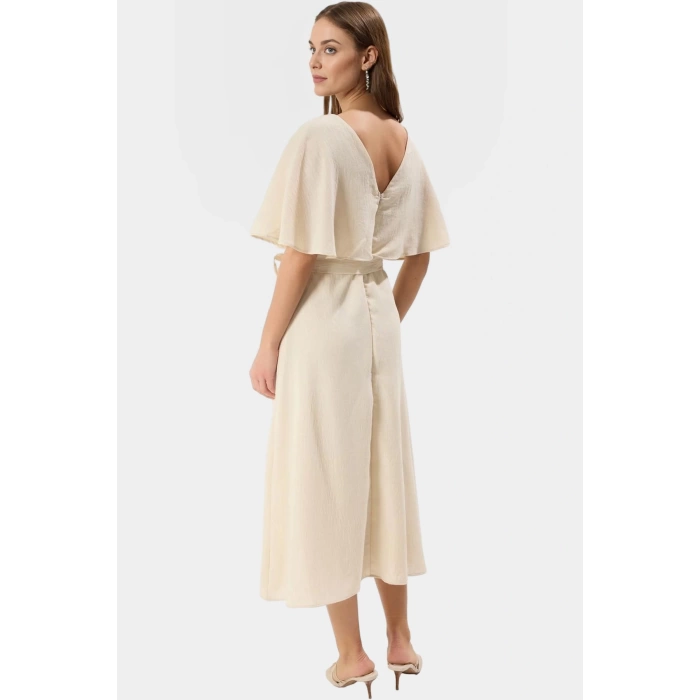 A Kesim Keten Görünümlü Midi Elbise Kısa Melek Kol Astarlı Pelerin Detay Modern Stil