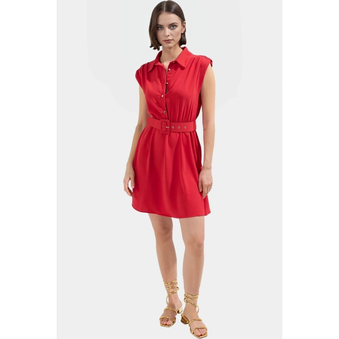 A Kesim Kısa Elbise Kemerli Polyester Dokuma Rahat Günlük Modern Stil Mükemmel Uyum