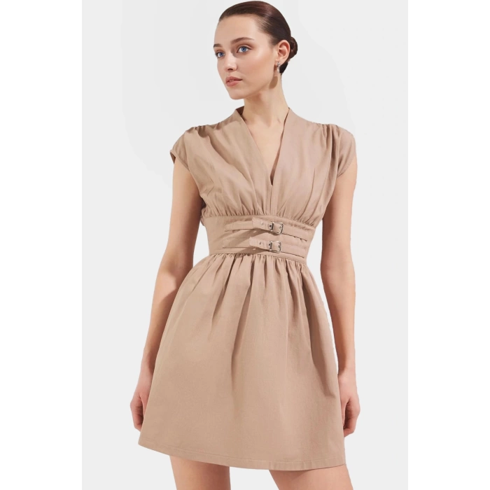 A Kesim Mini Elbise Kemer Detayı V Yaka Pamuk Polyester Dokuma Gabardin Yazlık Özel Tasarım
