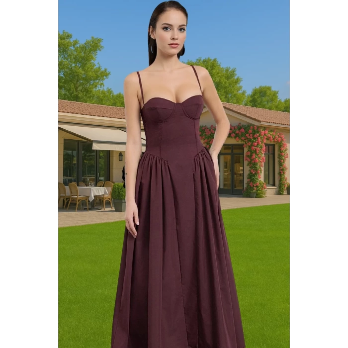 A Kesim Poplin Dokuma Midi Elbise Kemersiz Yazlık Kadın Elbisesi Modern Stil Dayanıklı Malzeme