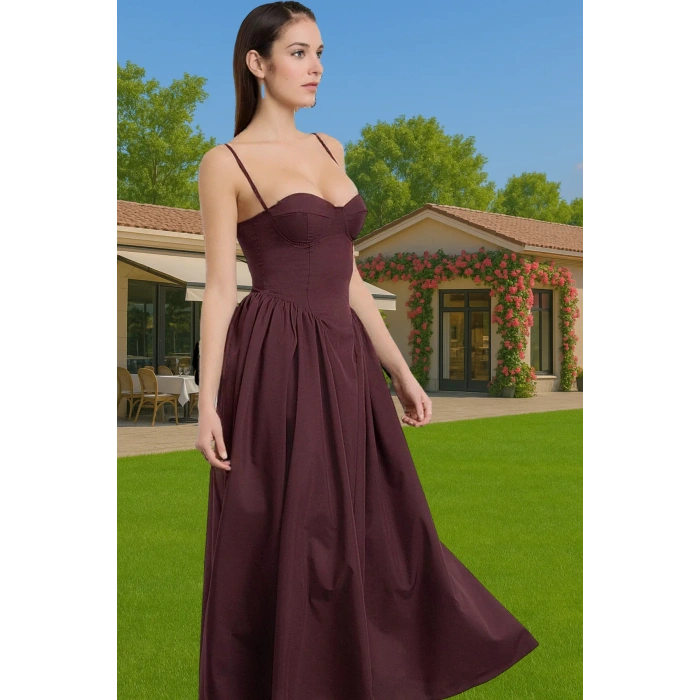 A Kesim Poplin Dokuma Midi Elbise Kemersiz Yazlık Kadın Elbisesi Modern Stil Dayanıklı Malzeme