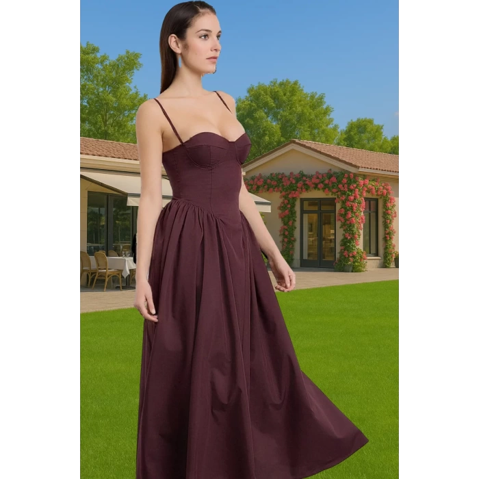A Kesim Poplin Dokuma Midi Elbise Kemersiz Yazlık Kadın Elbisesi Modern Stil Dayanıklı Malzeme