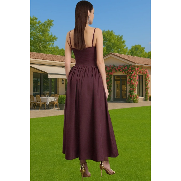 A Kesim Poplin Dokuma Midi Elbise Kemersiz Yazlık Kadın Elbisesi Modern Stil Dayanıklı Malzeme