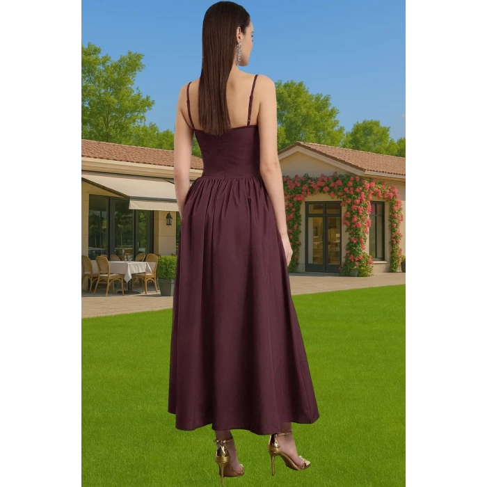 A Kesim Poplin Dokuma Midi Elbise Kemersiz Yazlık Kadın Elbisesi Modern Stil Dayanıklı Malzeme