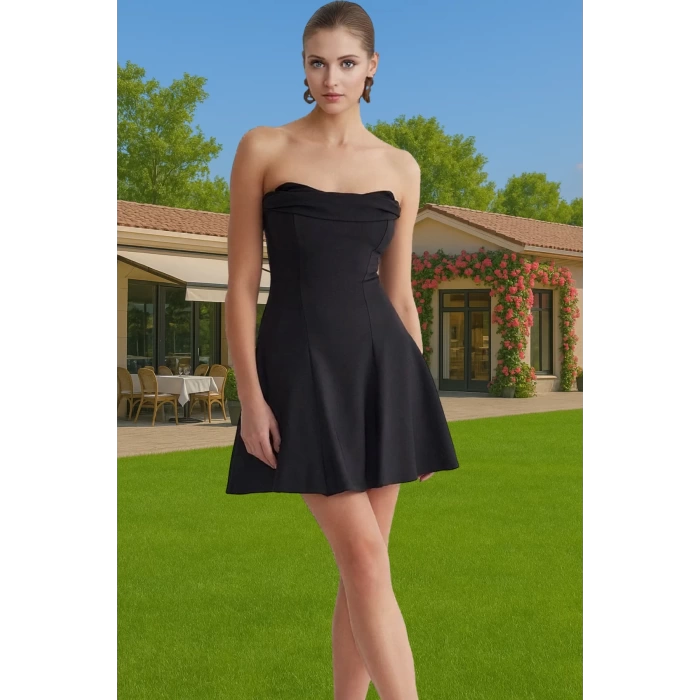 A Kesim Straplez Mini Dokuma Abiye Elbise Polyester Yazlık Kaliteli İşçilik Konforlu Kesim