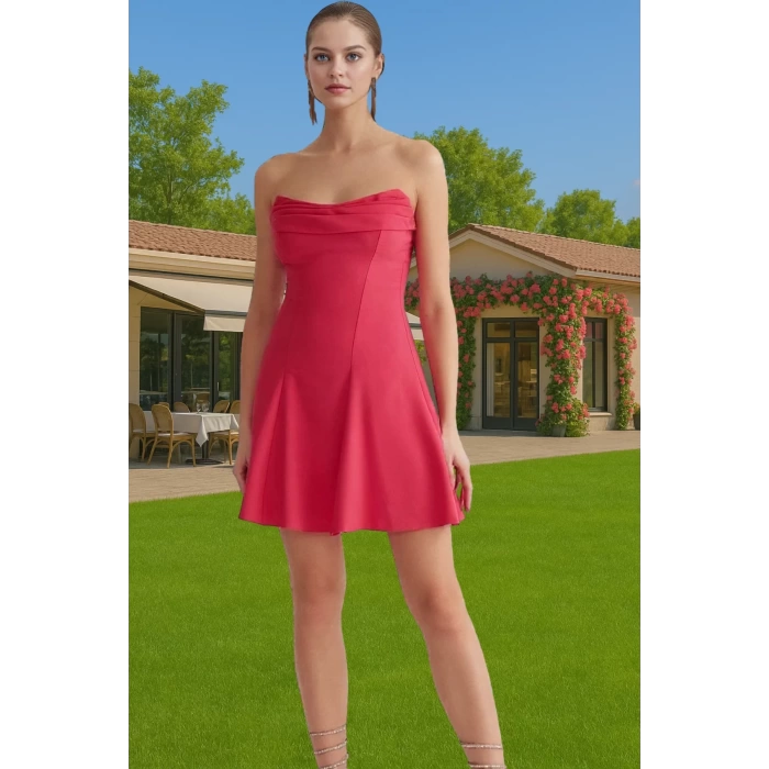 A Kesim Straplez Mini Dokuma Abiye Elbise Polyester Yazlık Kaliteli İşçilik Konforlu Kesim