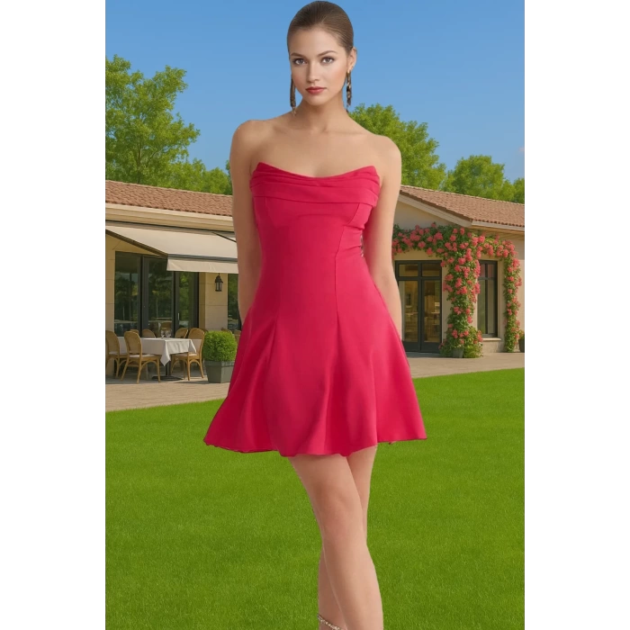 A Kesim Straplez Mini Dokuma Abiye Elbise Polyester Yazlık Kaliteli İşçilik Konforlu Kesim