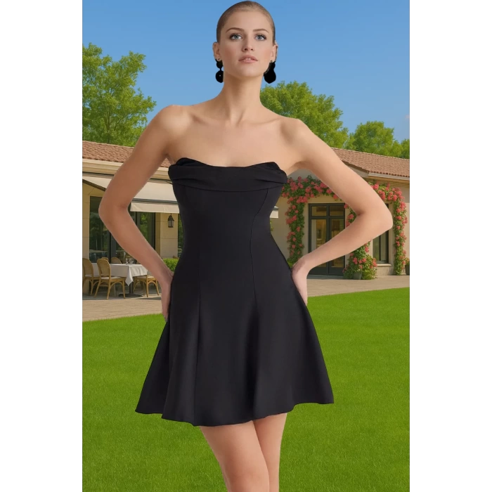 A Kesim Straplez Mini Dokuma Abiye Elbise Polyester Yazlık Kaliteli İşçilik Konforlu Kesim