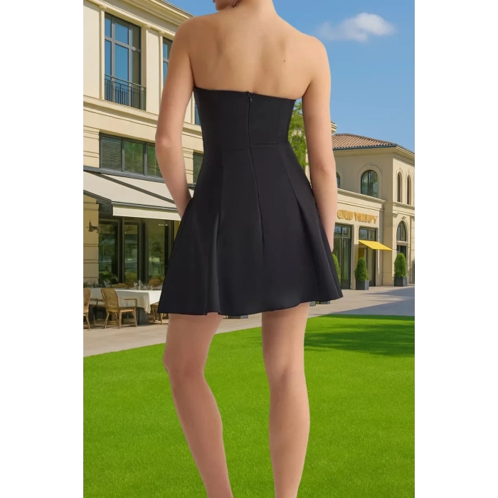 A Kesim Straplez Mini Dokuma Abiye Elbise Polyester Yazlık Kaliteli İşçilik Konforlu Kesim
