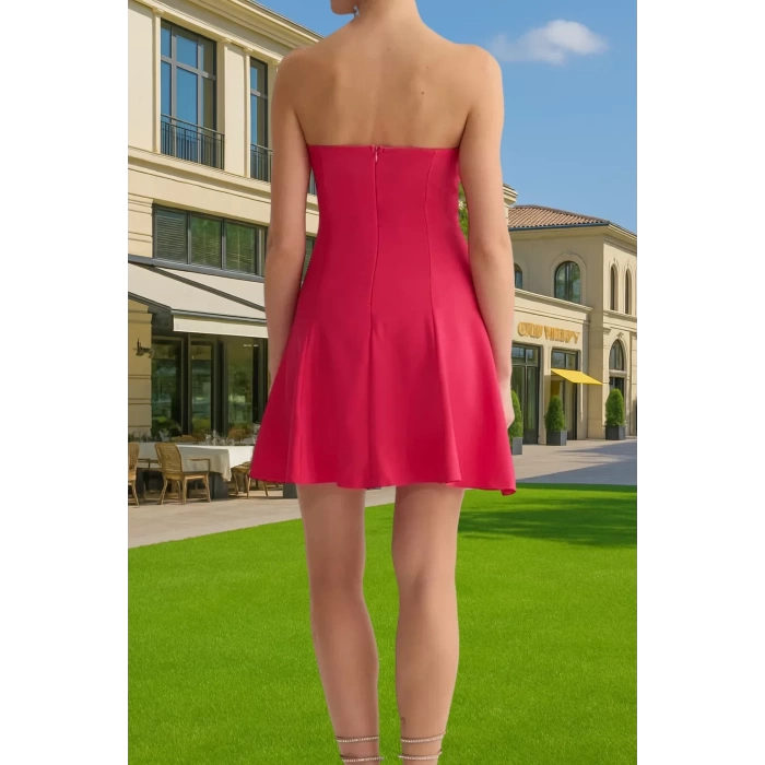 A Kesim Straplez Mini Dokuma Abiye Elbise Polyester Yazlık Kaliteli İşçilik Konforlu Kesim